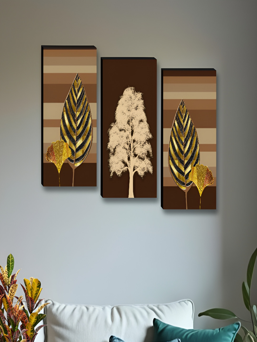 Aura Tree & Leafs Wood 3 Pcs Wall Rectangle Paintings Wall Art - 15x20In