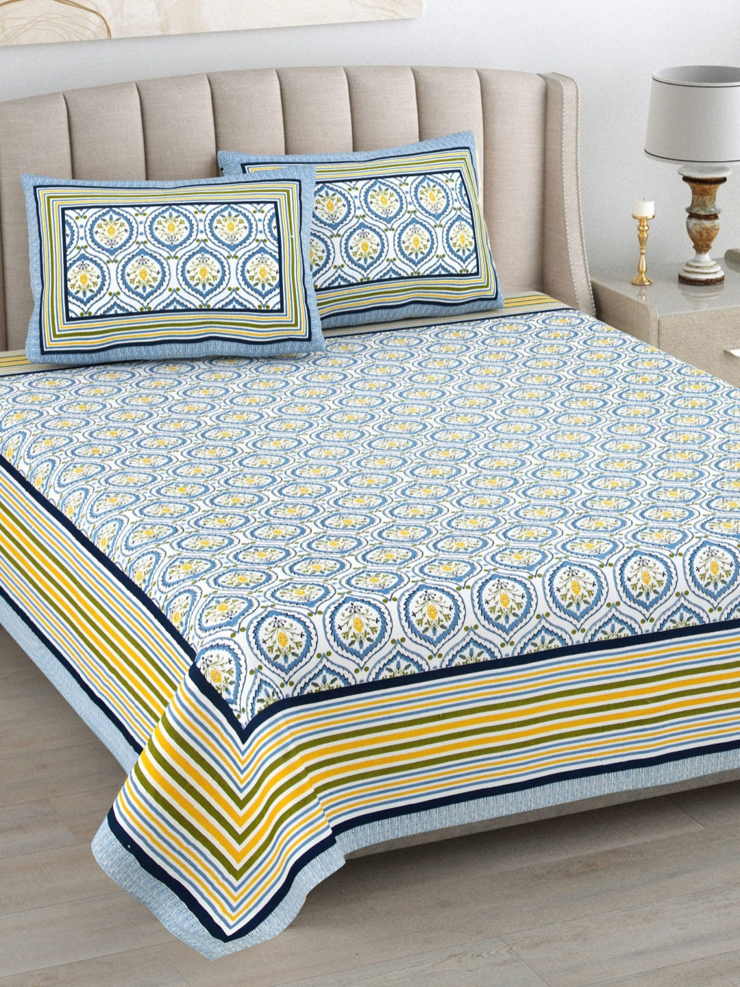 Urban Jaipur Eleg_Geoblue White Ethnic Motifs Cotton 186 TC Queen Fine Bedsheet with 2 Pillow Covers-108 x 90 inches