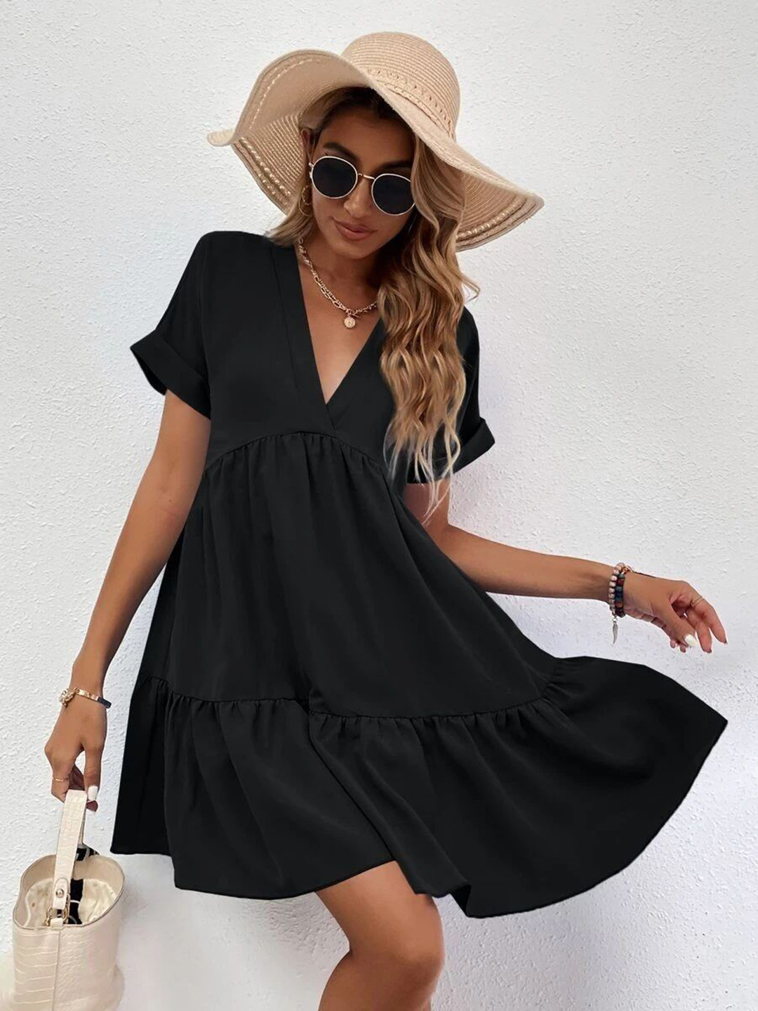 Outzidr Black V Neck Aline Tiered Dress