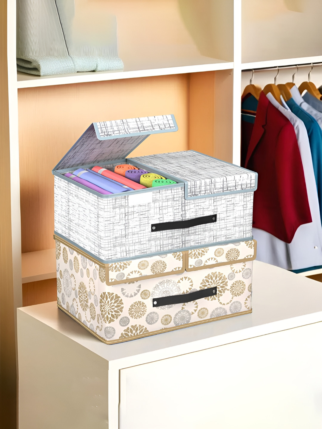 Aura White 2 Pieces Print Multi-Utility Small Foldable Wardrobe Organizer With Double Lid