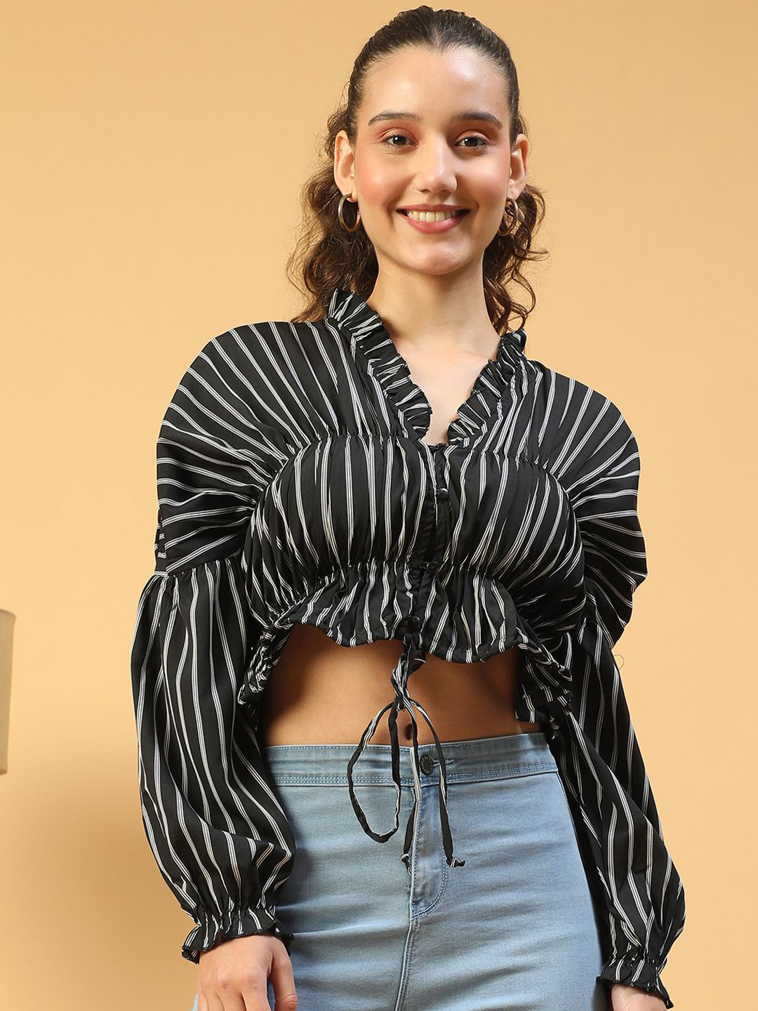 Oxolloxo Women Vertical Stripe Printed Puff Sleeves Gathered & Tie-Knot Detail Crop Top