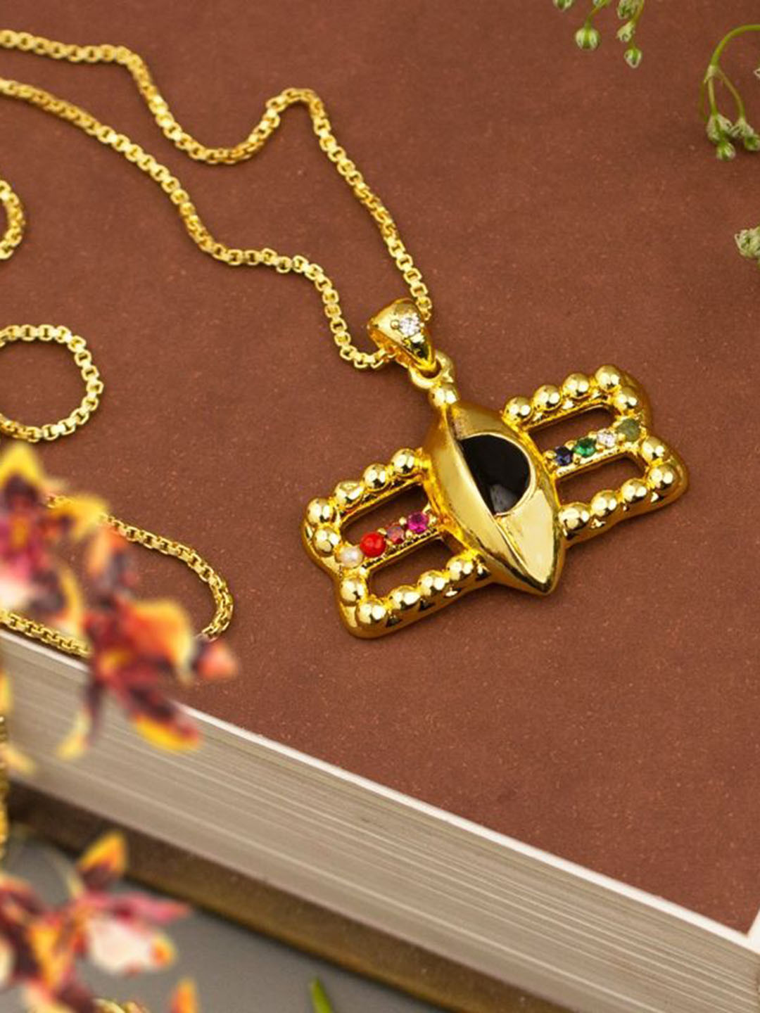 SANAA CREATIONS Gold-Plated Artificial Stones Studded God Shiva Pendants With Chains