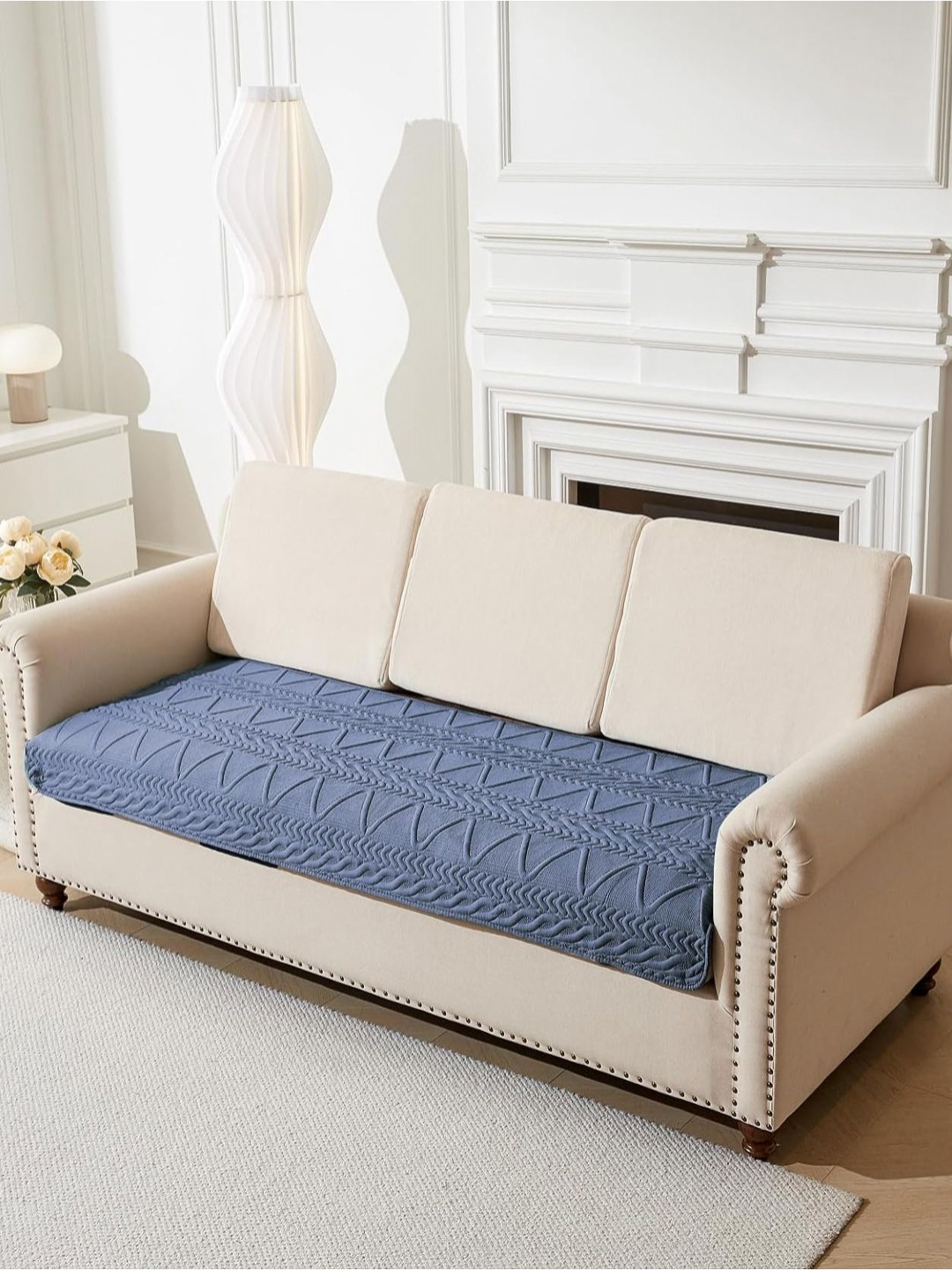 HOUSE OF QUIRK One Seater Blue Anti-Slip Self Design Seat Protector Cotton Sofa Mat