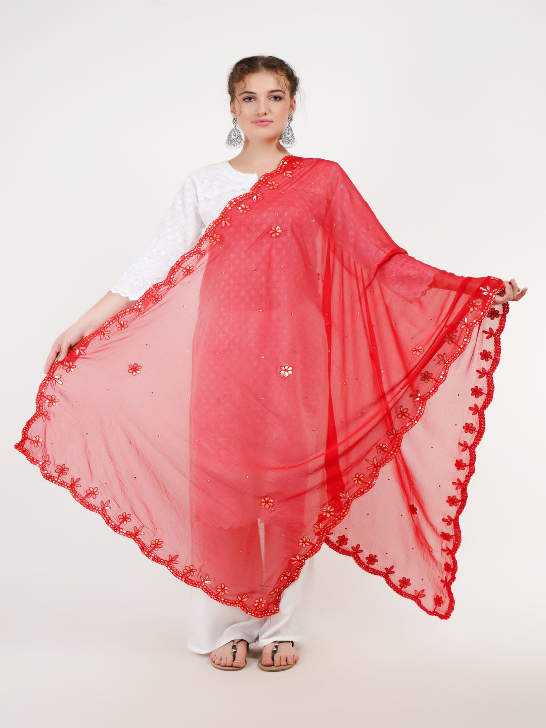 Karthav Fashion Floral Embroidered Gotta Patti Chiffon Cut Work Dupatta