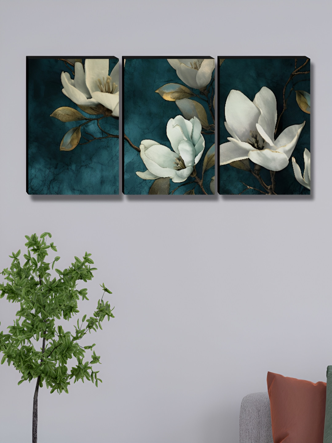 SAF Navy Blue & White 3 Pieces Floral And Botanical Wooden Wall Art