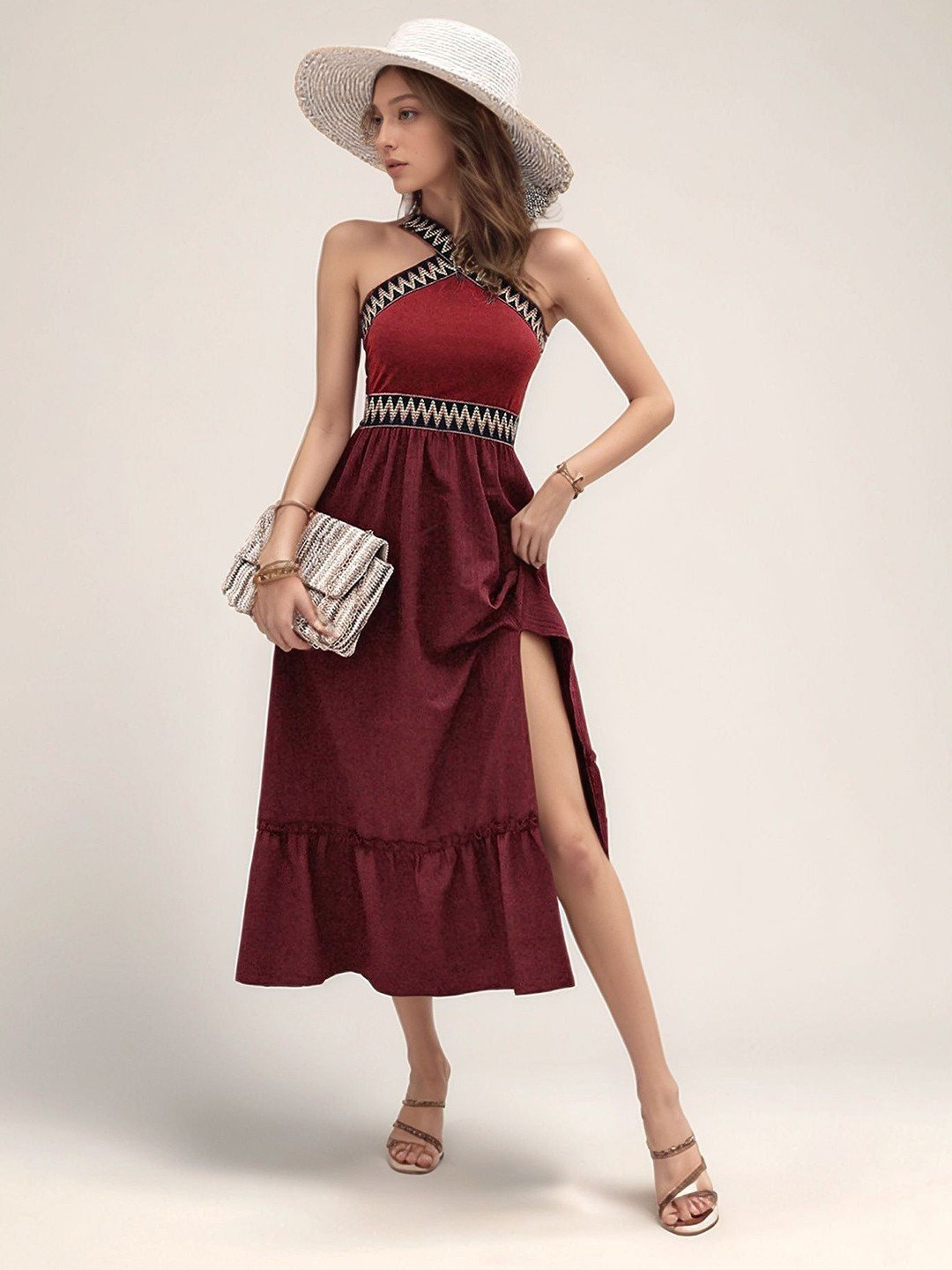 Outzidr Women Halter Neck Slit  Midi Dress