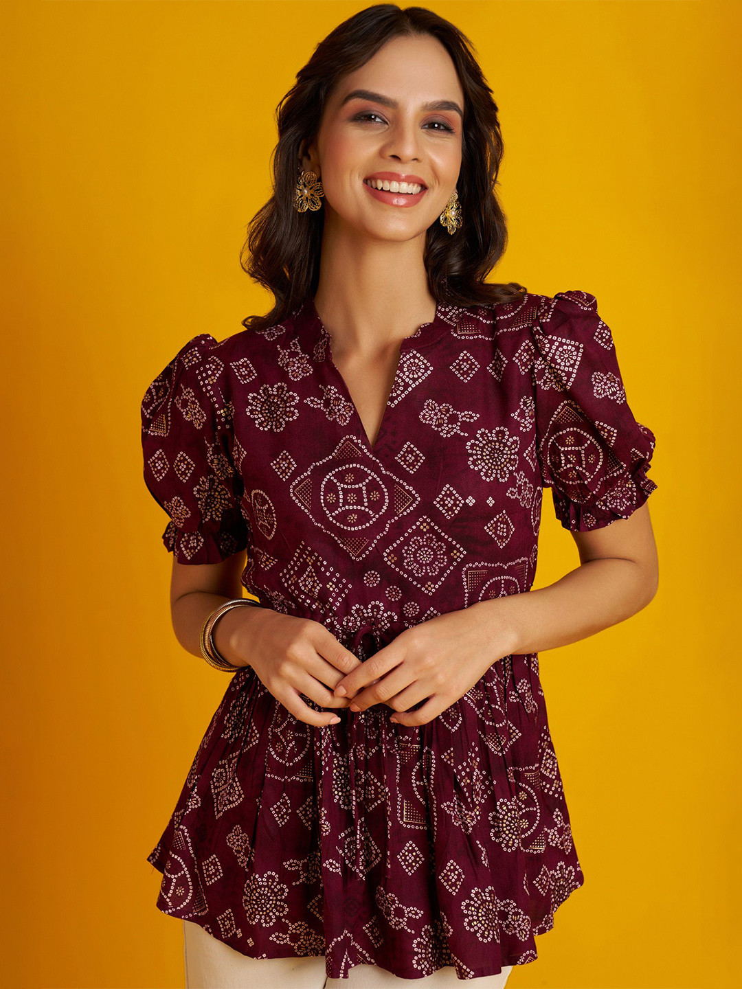 FLOWERVELLY Women Ethnic Motifs Print Mandarin Collar Puff Sleeve Empire Top