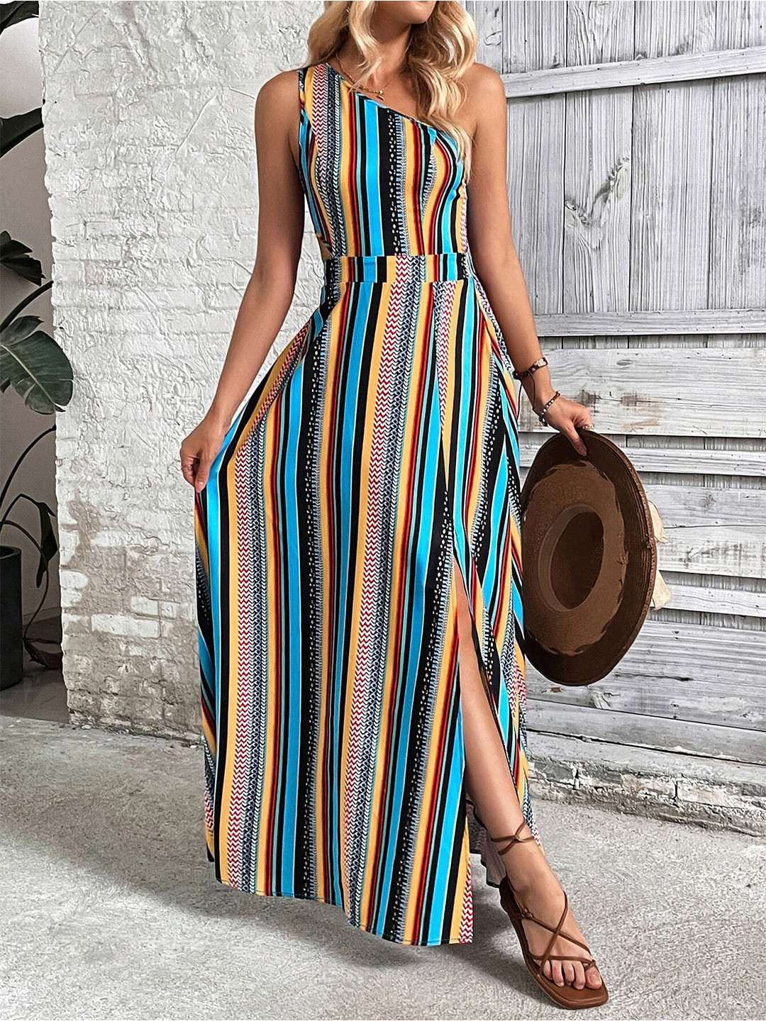 Outzidr Women  Striped One Shoulder Maxi Dress With Slit