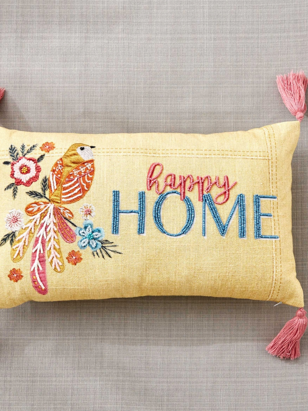 Home Centre  Yellow & Pink Embellished Rectangular Cushion