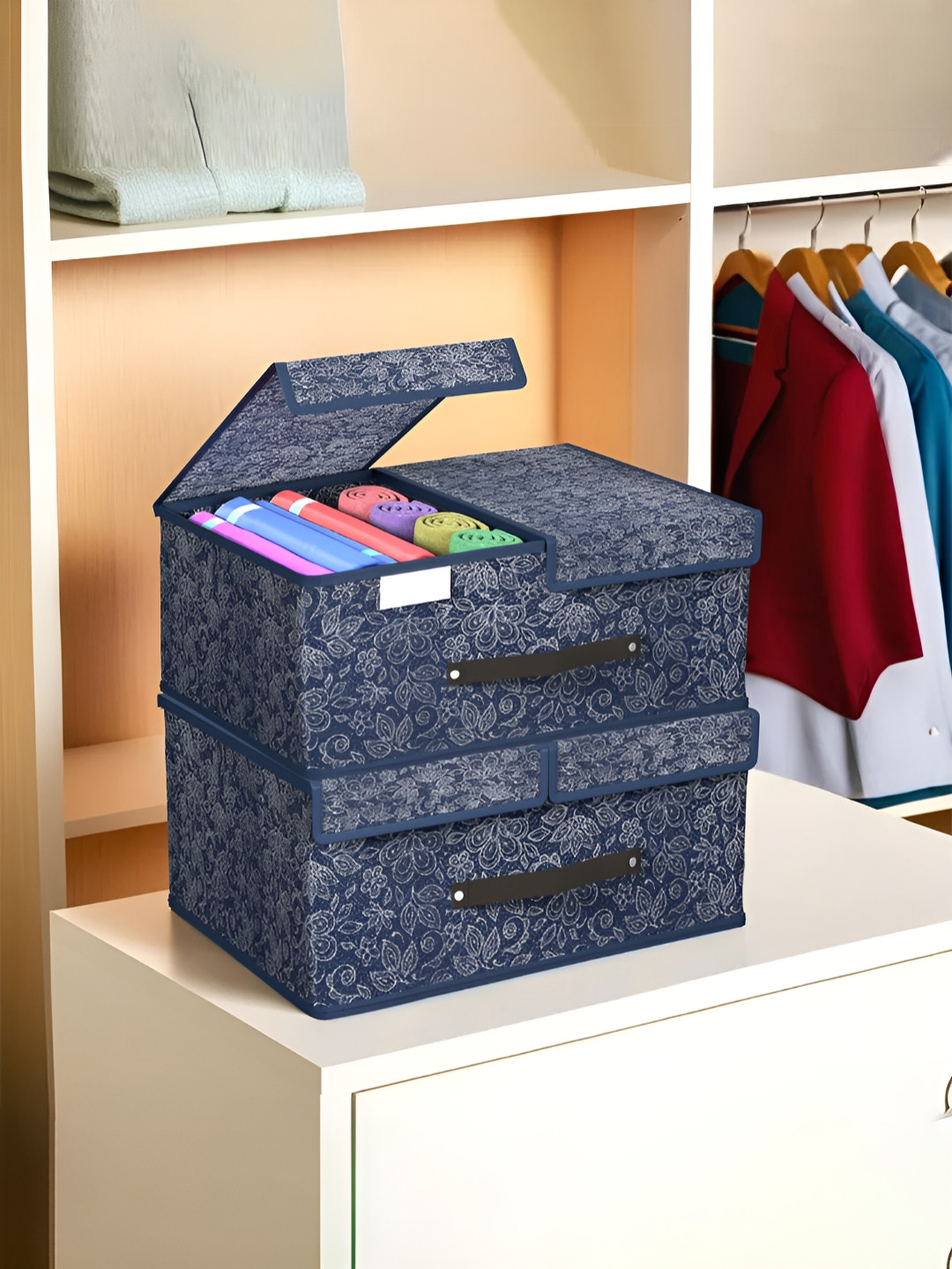 Aura Navy Blue 2 Pieces Printed Foldable Double Lid Wardrobe Multi-Utility Organisers