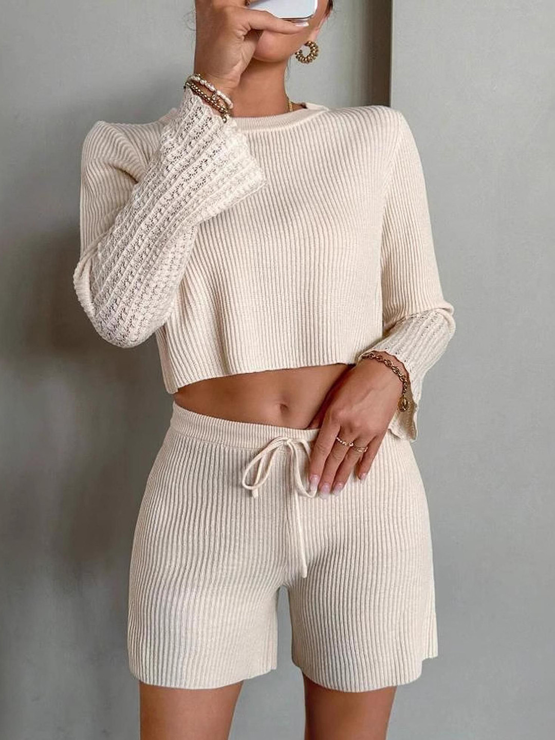 Outzidr Beige Flat Knit Co-Ord Set
