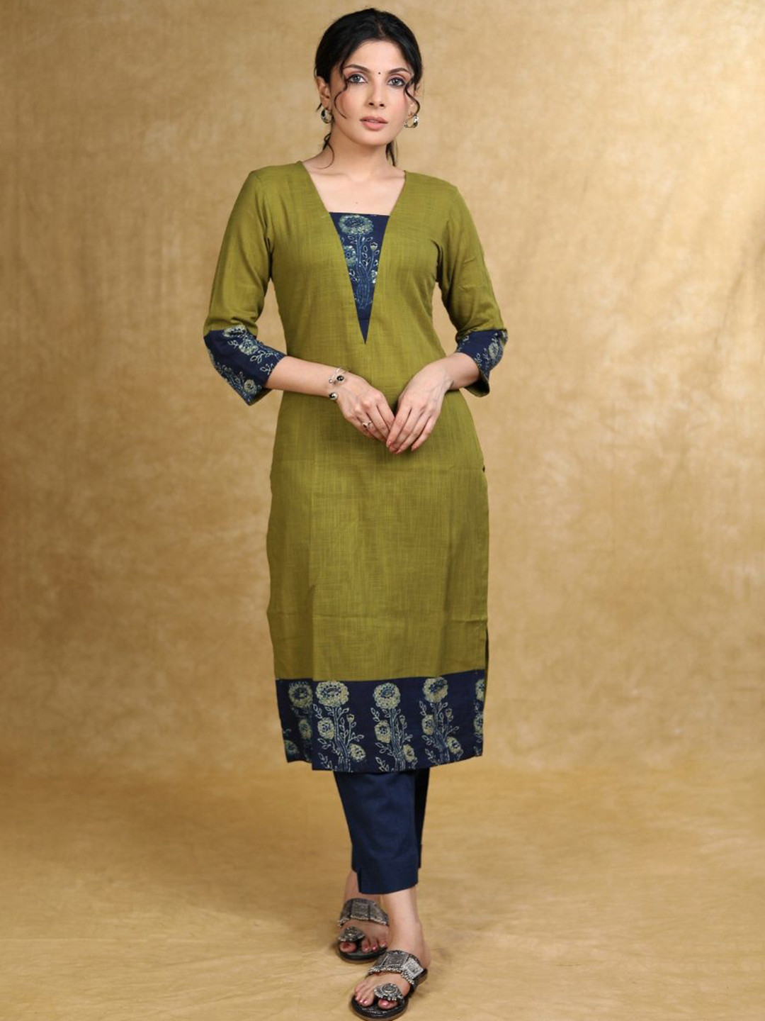 SUJATRA Floral Yoke Design Notch Neck Cotton Straight Kurta