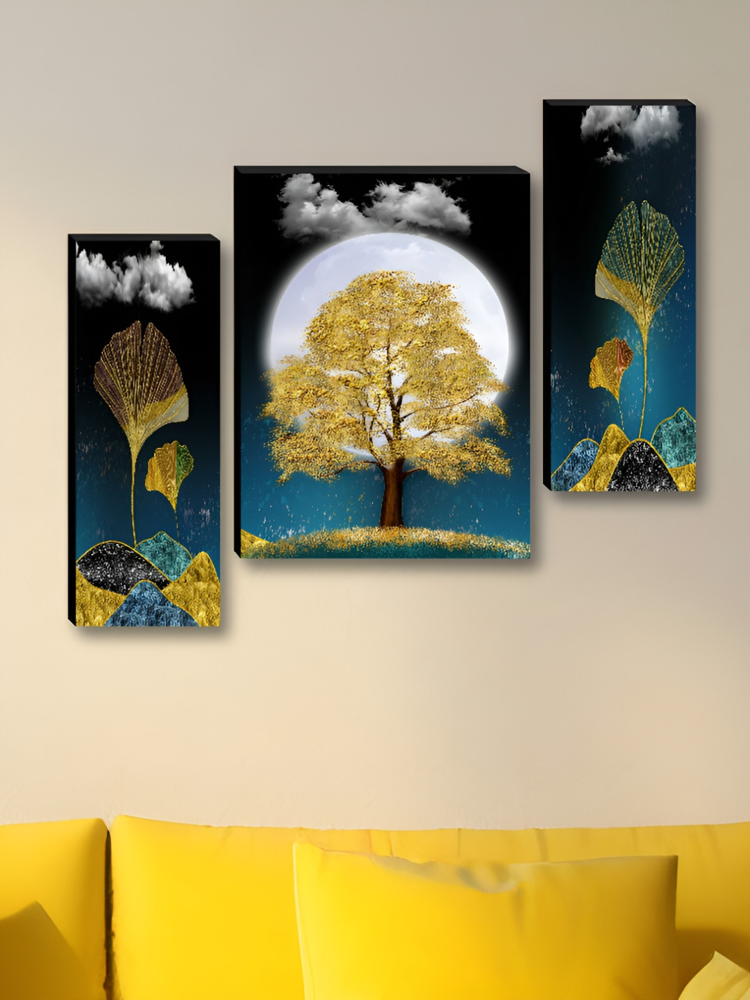 SAF Navy Blue Wood 3 Pcs Wall Living Room Rectangle Potrait Paintings Wall Art -30 x 12In