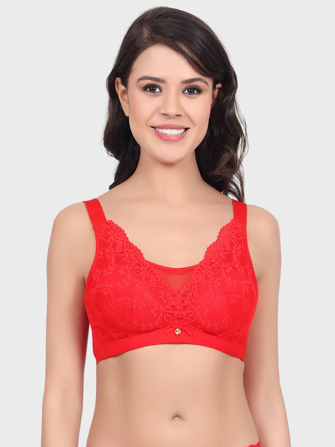 Luella Floral Pattern Lace Bra Wire Free Soft Foam Padded Wide Adjustable Straps Bra