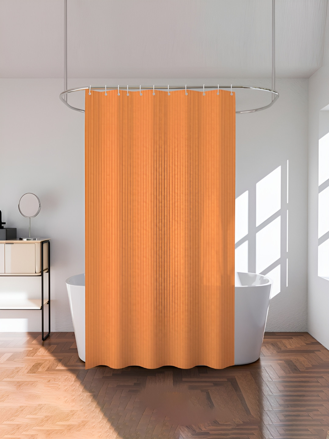 Aura Brown Striped Durable Waterproof Shower Curtain With 8 Rings
