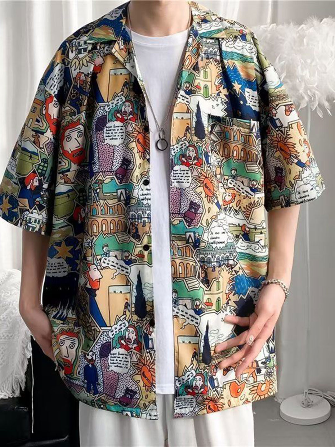 HERE&NOW Men Oversized Fit Humour And Comic Printed Cuban Collar Cotton Casual Shirt