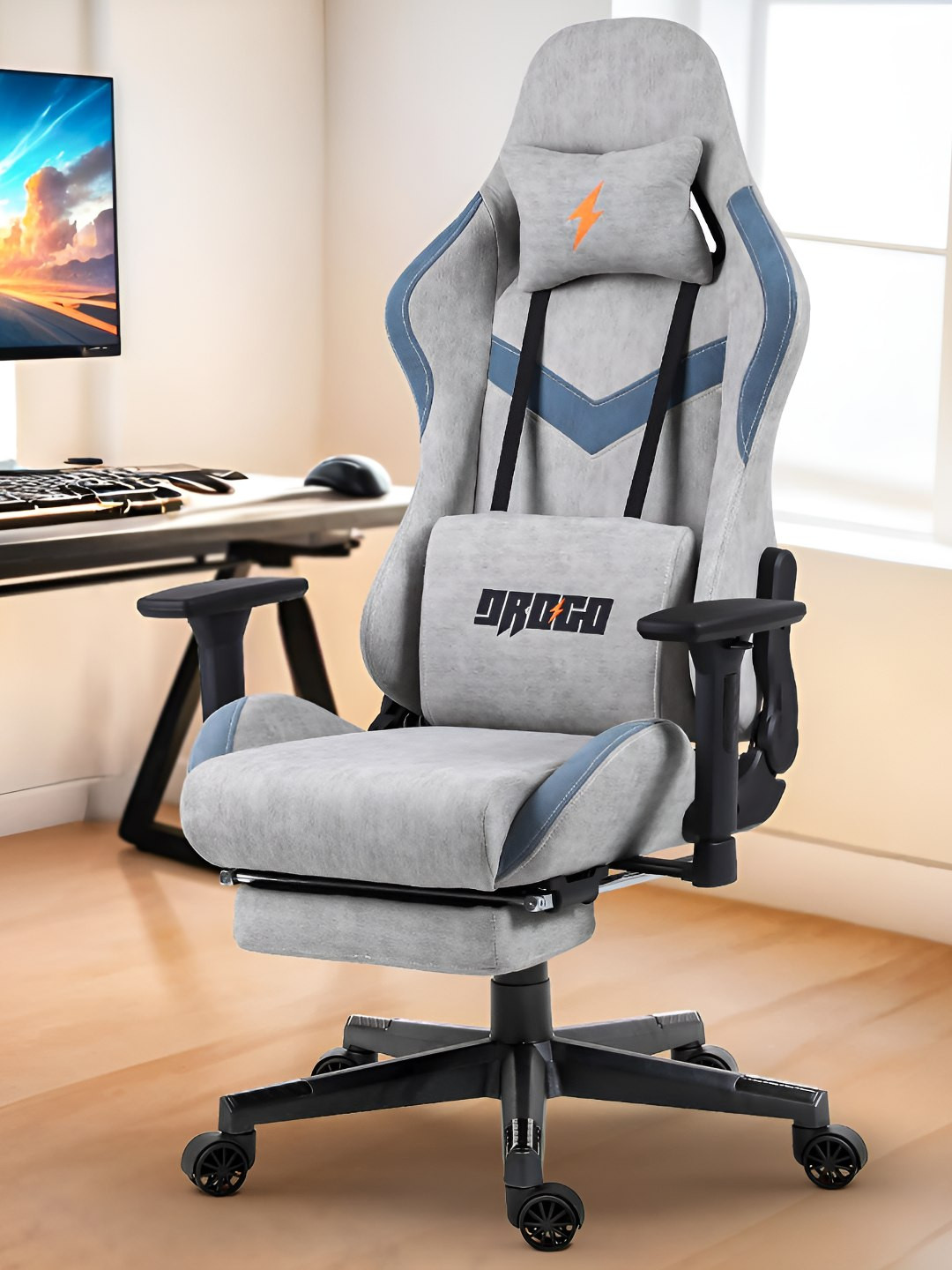 DROGO Grey Ergonomic 3D Armrest Adjustable Seat & Foot Rest Gaming Chair