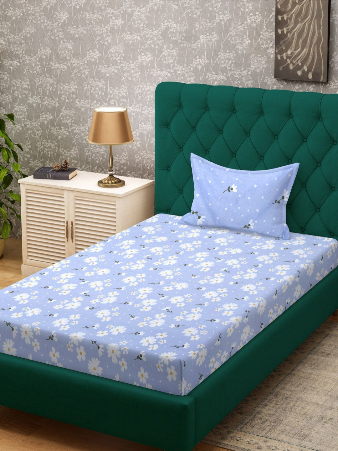 KLOTTHE White & Blue Floral Printed 300 TC Single Bedsheet & 2 Pillow Covers -2.25 x 150 m