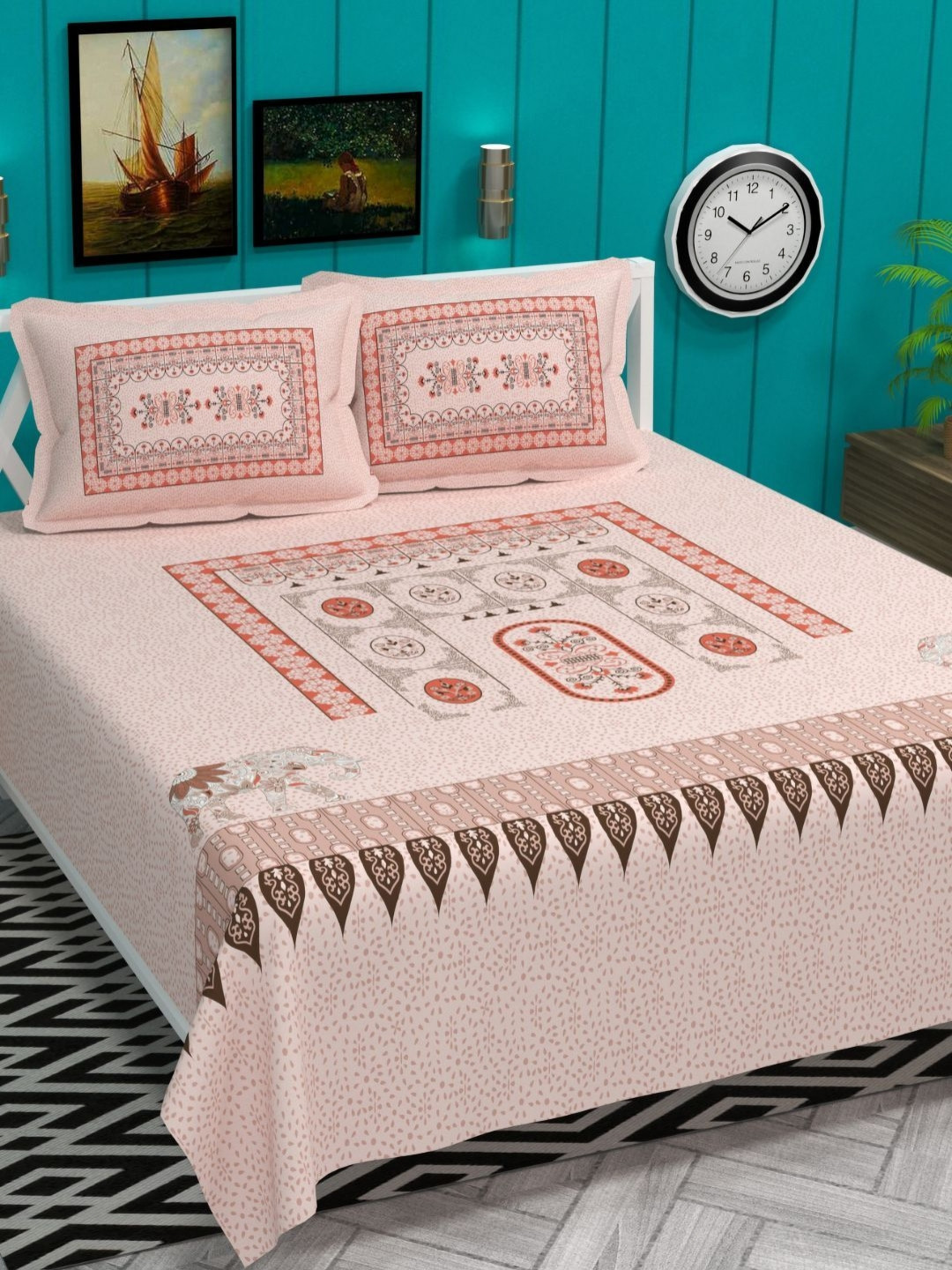 VAS COLLECTIONS Block Printed Pink Floral Cotton 220 TC Double Bedsheet Set-2.54x2.28m