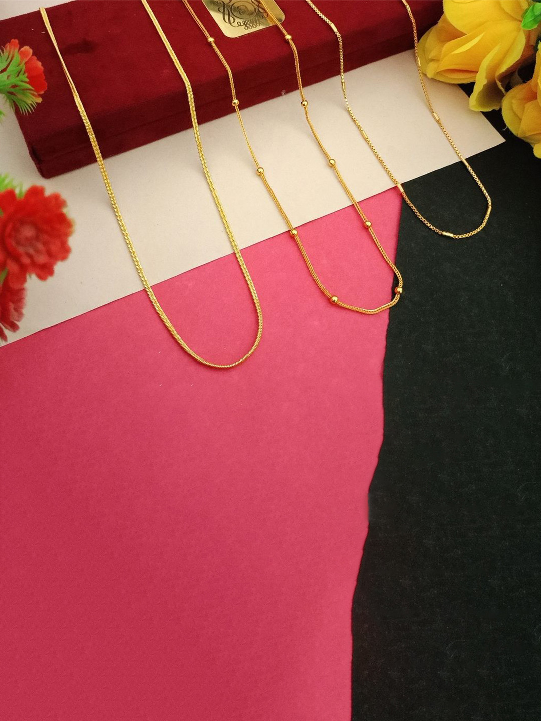 Anouk Malai FoxBall Bnpipe Set Of 3 Gold-Plated Artificial Beaded Minimal Chain