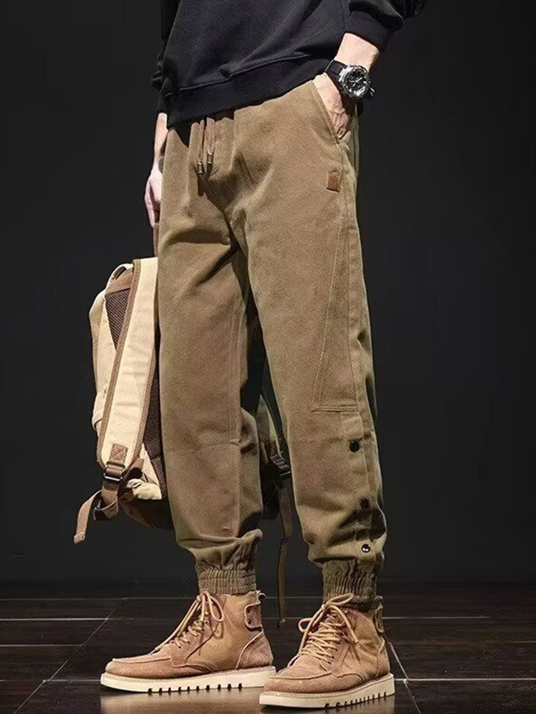 The Roadster Lifestyle Co Men Straight Fit Cargo Joggers Trousers With Snap Button Details