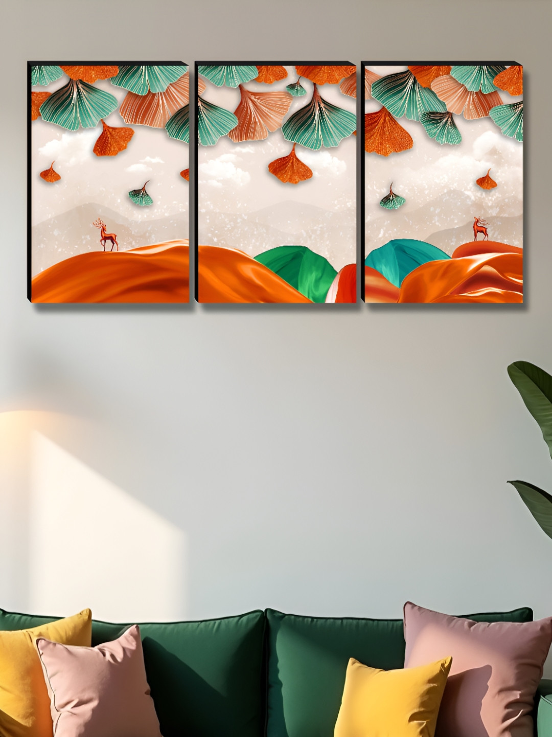 SAF Deer Wood 3 Piece Wall Square Paintings Wall Art - 36 x 12 In