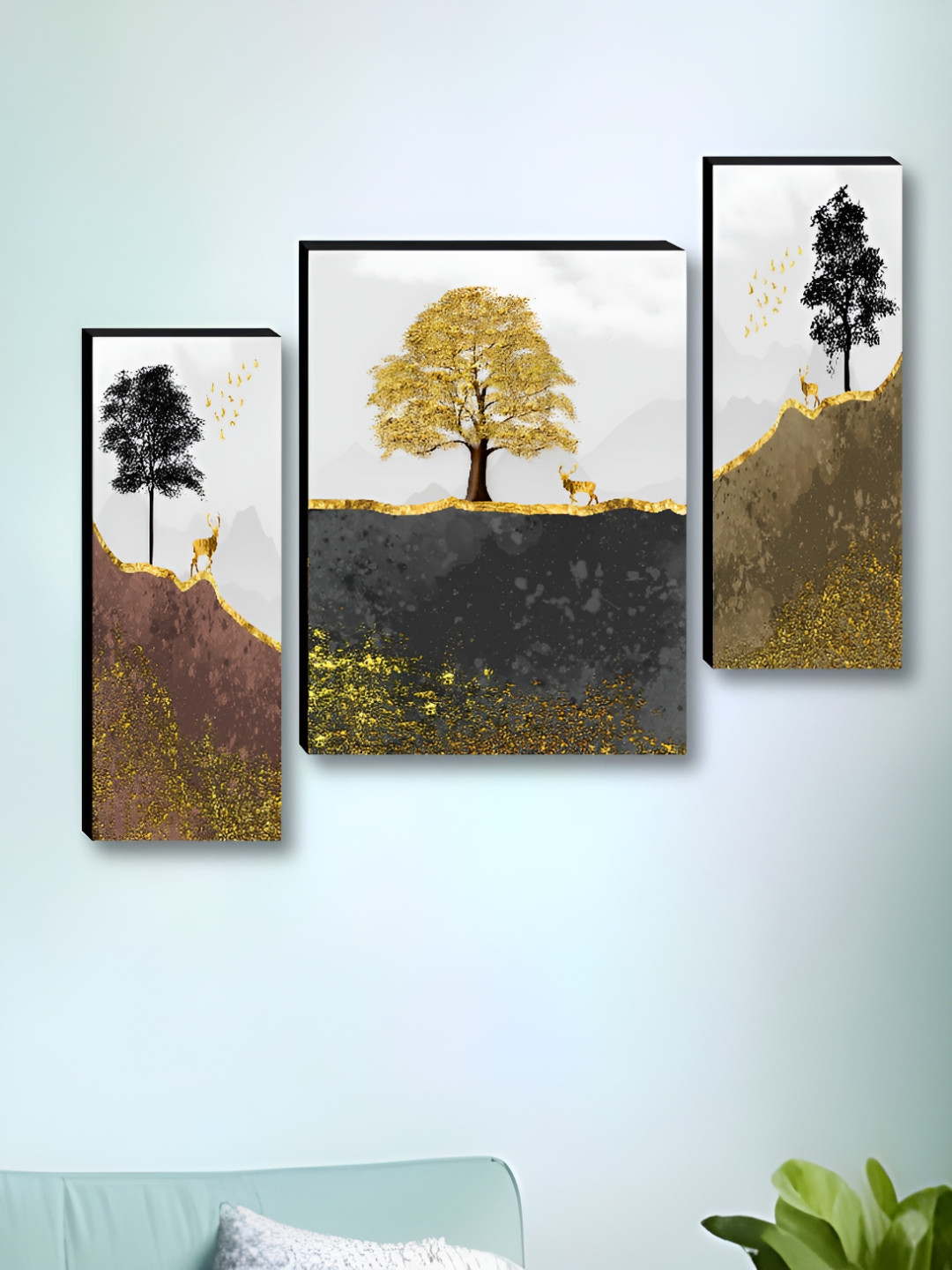 SAF Brown & Yellow 3 Piece Tree Printed Wooden Wall Art