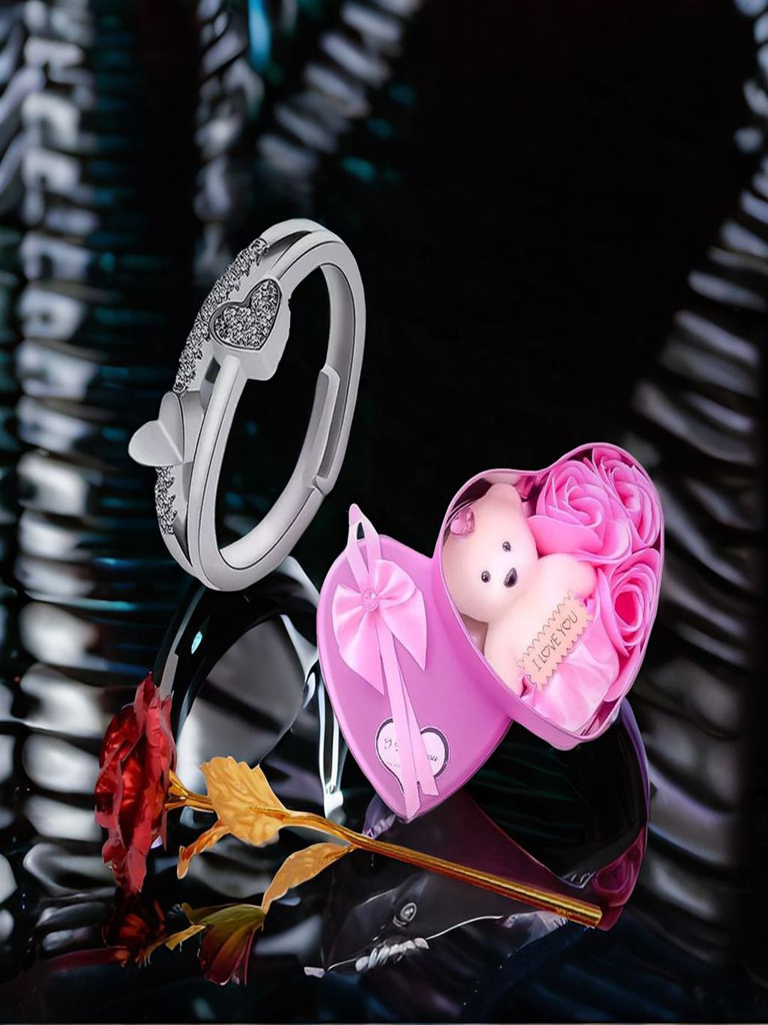 DIVASTRI Silver-Plated Cubic Zirconia-Studded Leaf Finger Ring With Teddy Bear & Rose