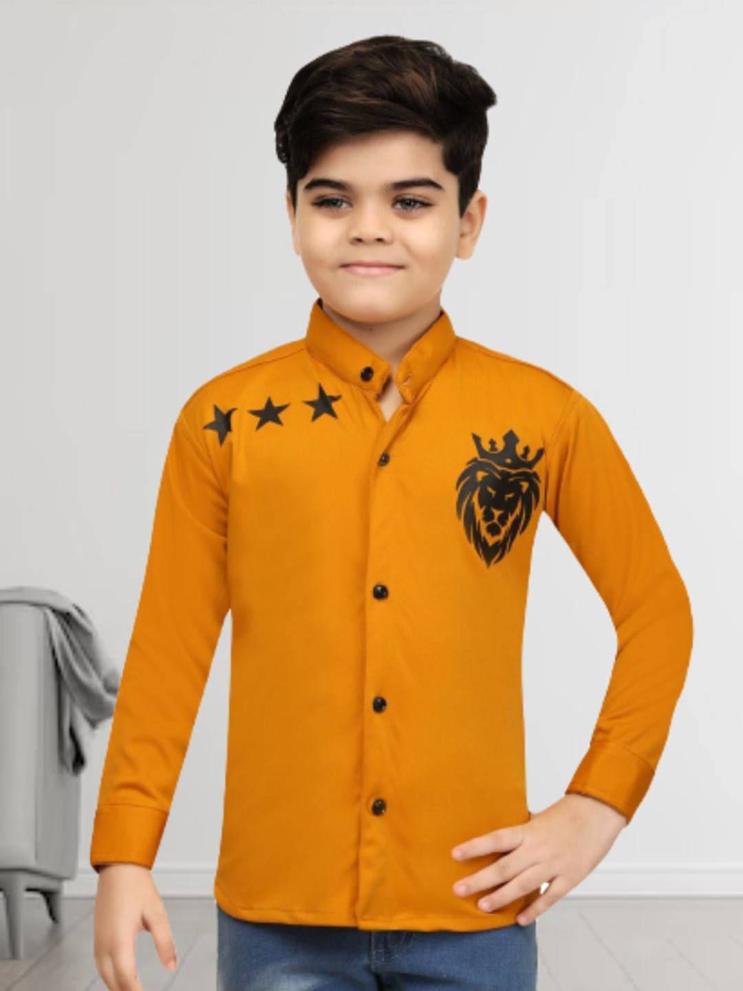 FASHION GRAB Boys Classic Fit Graphic Printed Band Collar Cotton Casual Shirt