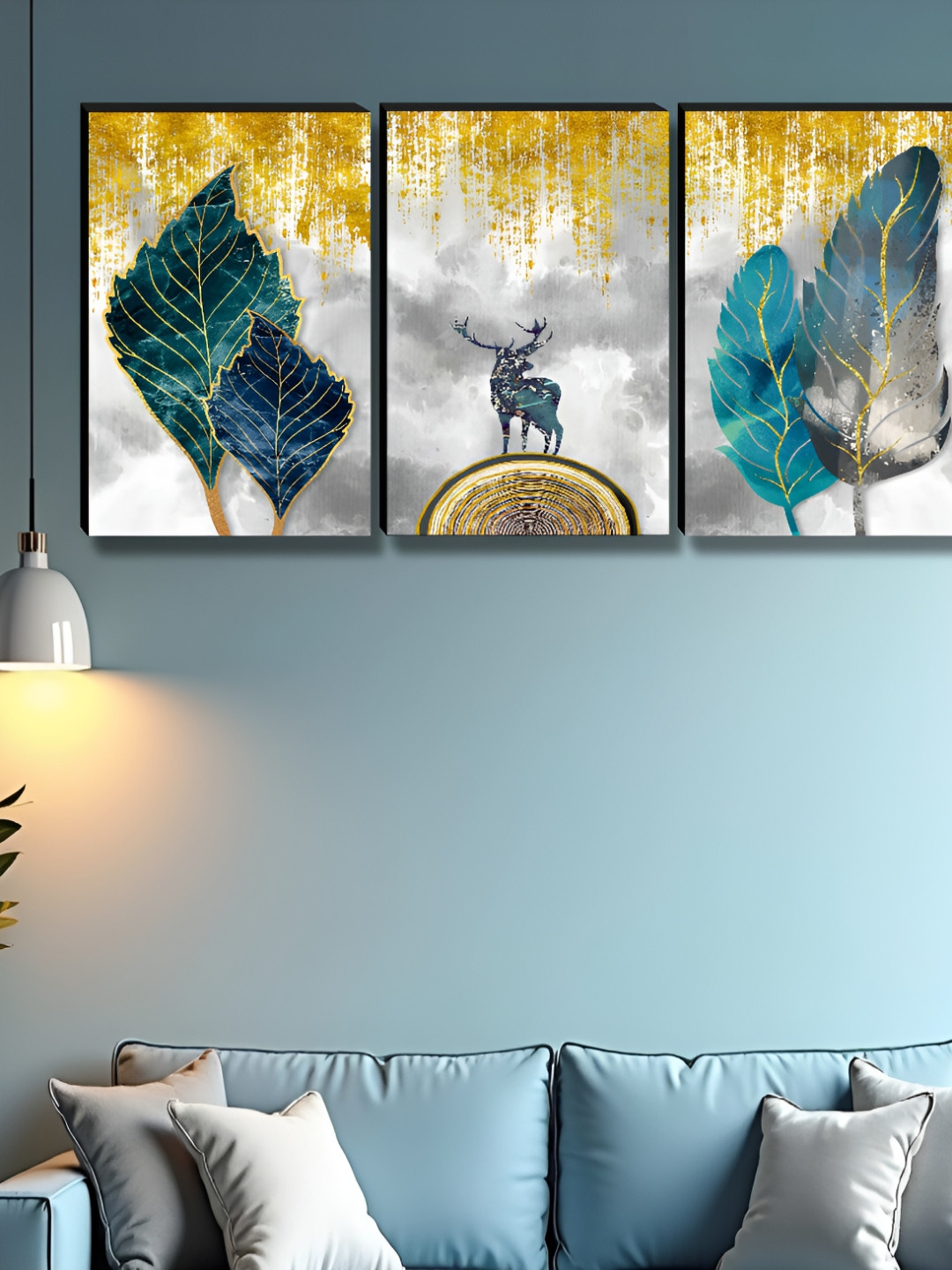SAF Deer & Leaf Wood 3 Pcs Wall Rectangle Paintings Wall Art - 36x12In