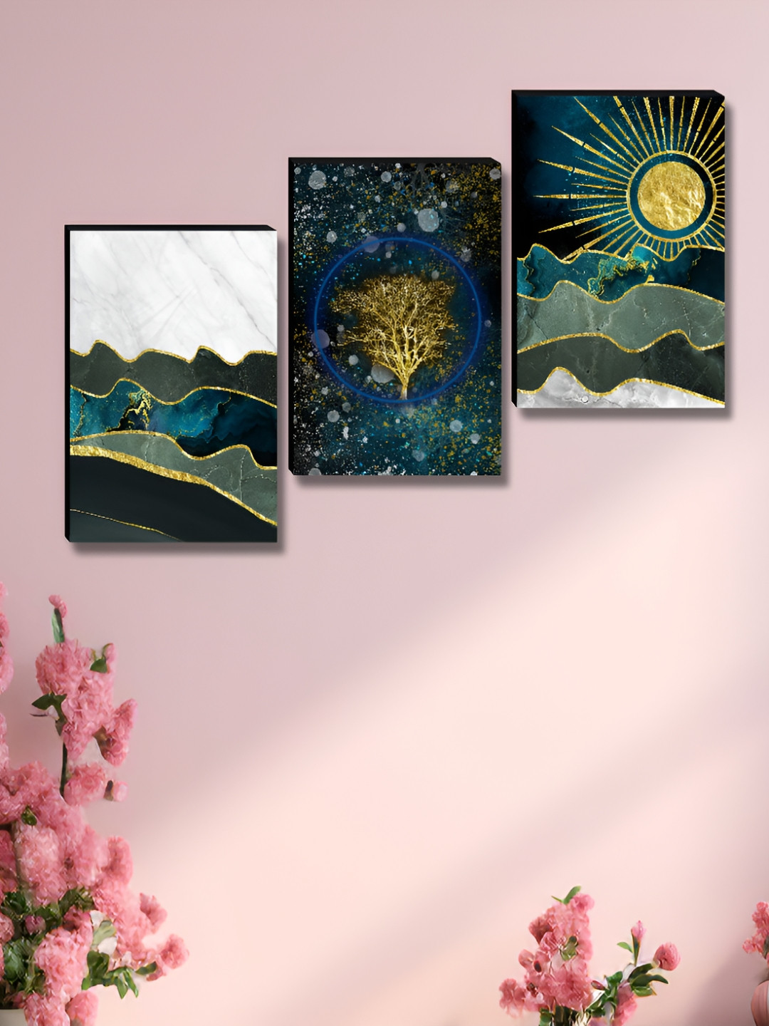 SAF Tree & Sun Wood 3 Piece Wall Rectangle Paintings Wall Art - 36 x 12 In