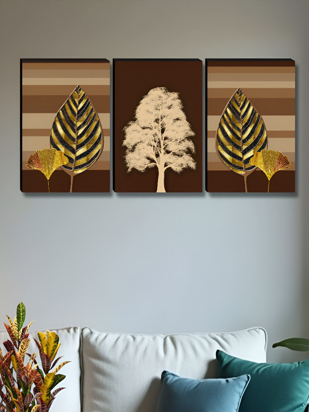 Aura Tree & Leafs Wood 3 Pcs Wall Rectangle Paintings Wall Art -36 x 12In