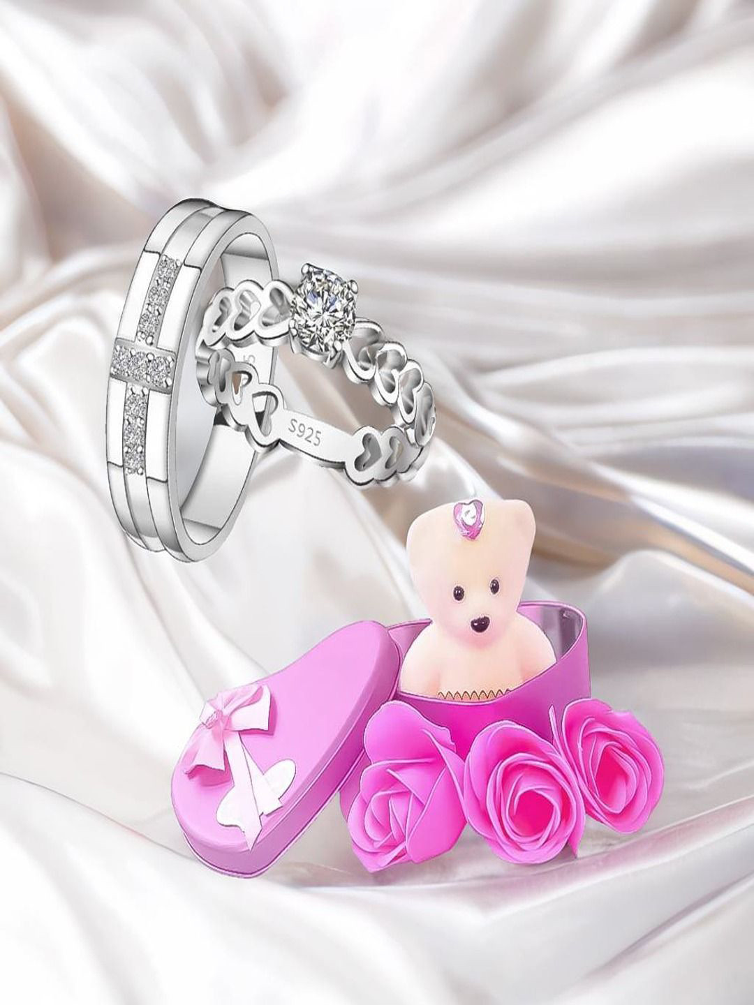 DIVASTRI Set Of 2 925 Sterling Silver-Plated Crystal-Studded Finger Rings With Teddy Bear