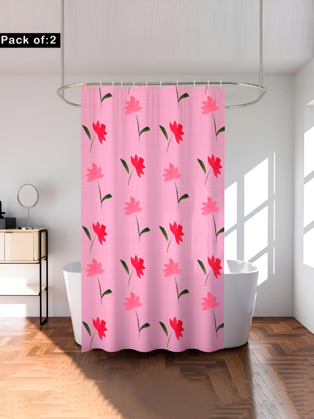 Aura 2 Pieces ink & Green Printed Shower Curtain With 8 Rings