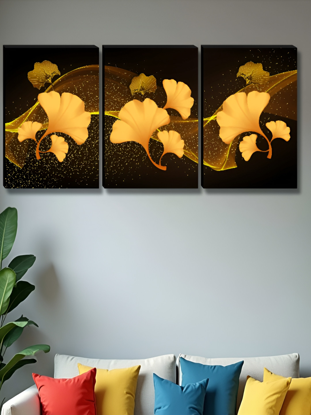 SAF Black & Yellow 3 Pieces Floral and Botanical Wood Wall Art