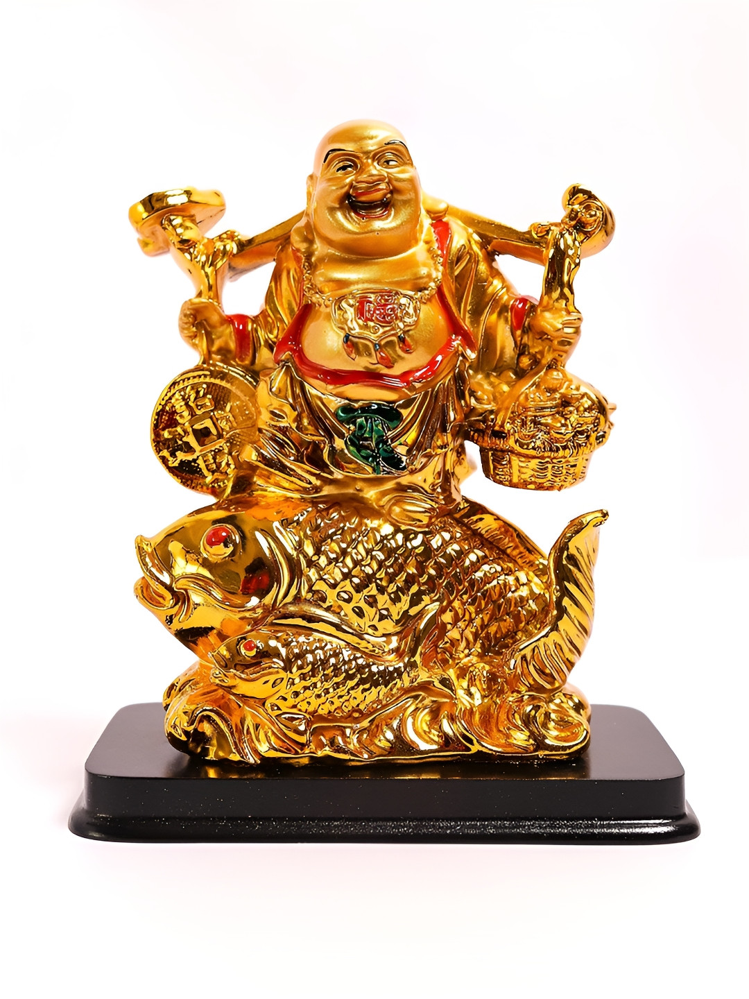 The Spiritual Living Laughing Buddha on Fish Gold Polyresin Glossy Living Room Medium Showpiece - 6.5 Inches