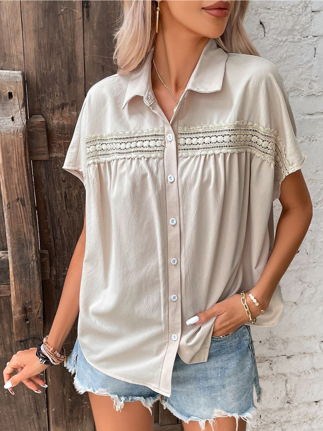 Outzidr Women Lace Insert Shirt
