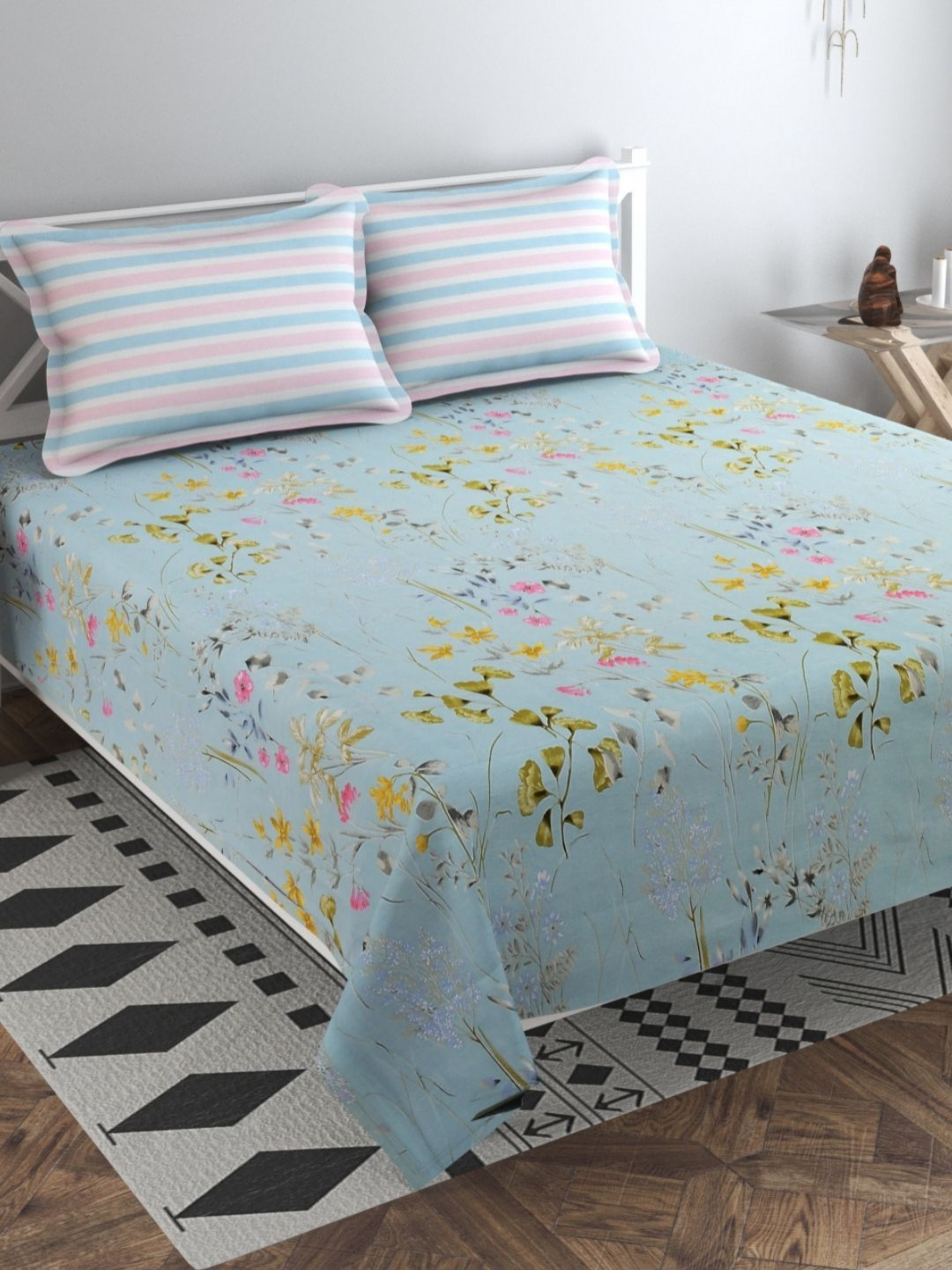 VAS COLLECTIONS Kingston Turquoise Blue Floral Cotton 210 TC King Bedsheet Set-2.74x2.74m