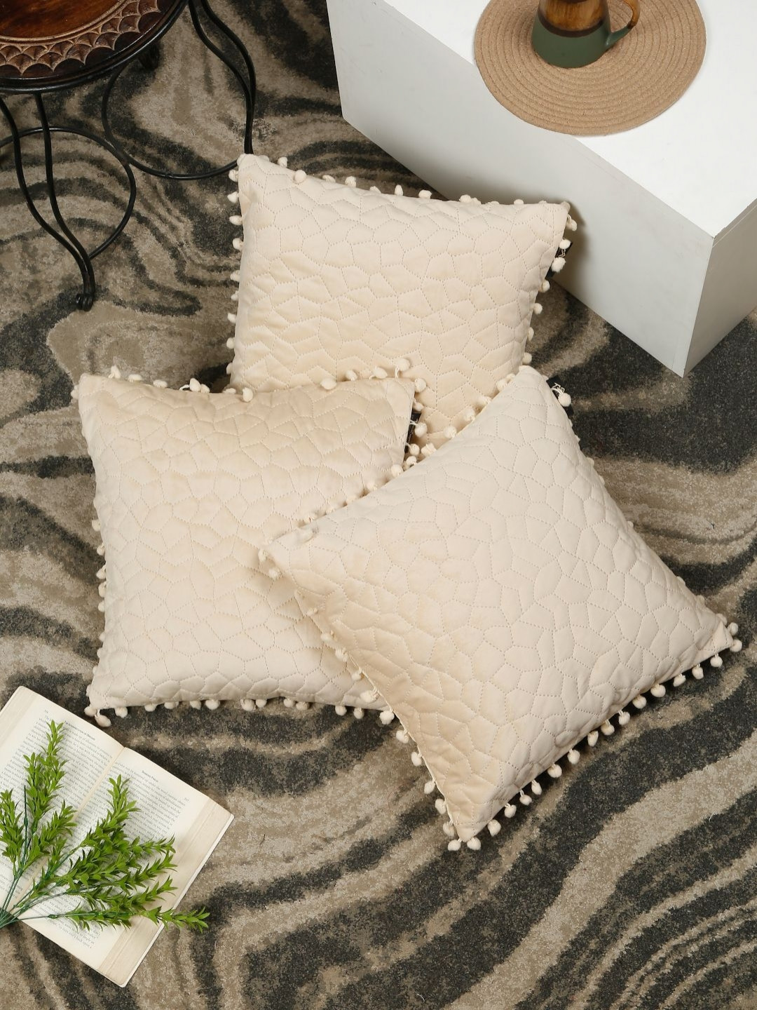 HOSTA HOMES Cream 3 Pieces Geometric Velvet Square Cushion Covers