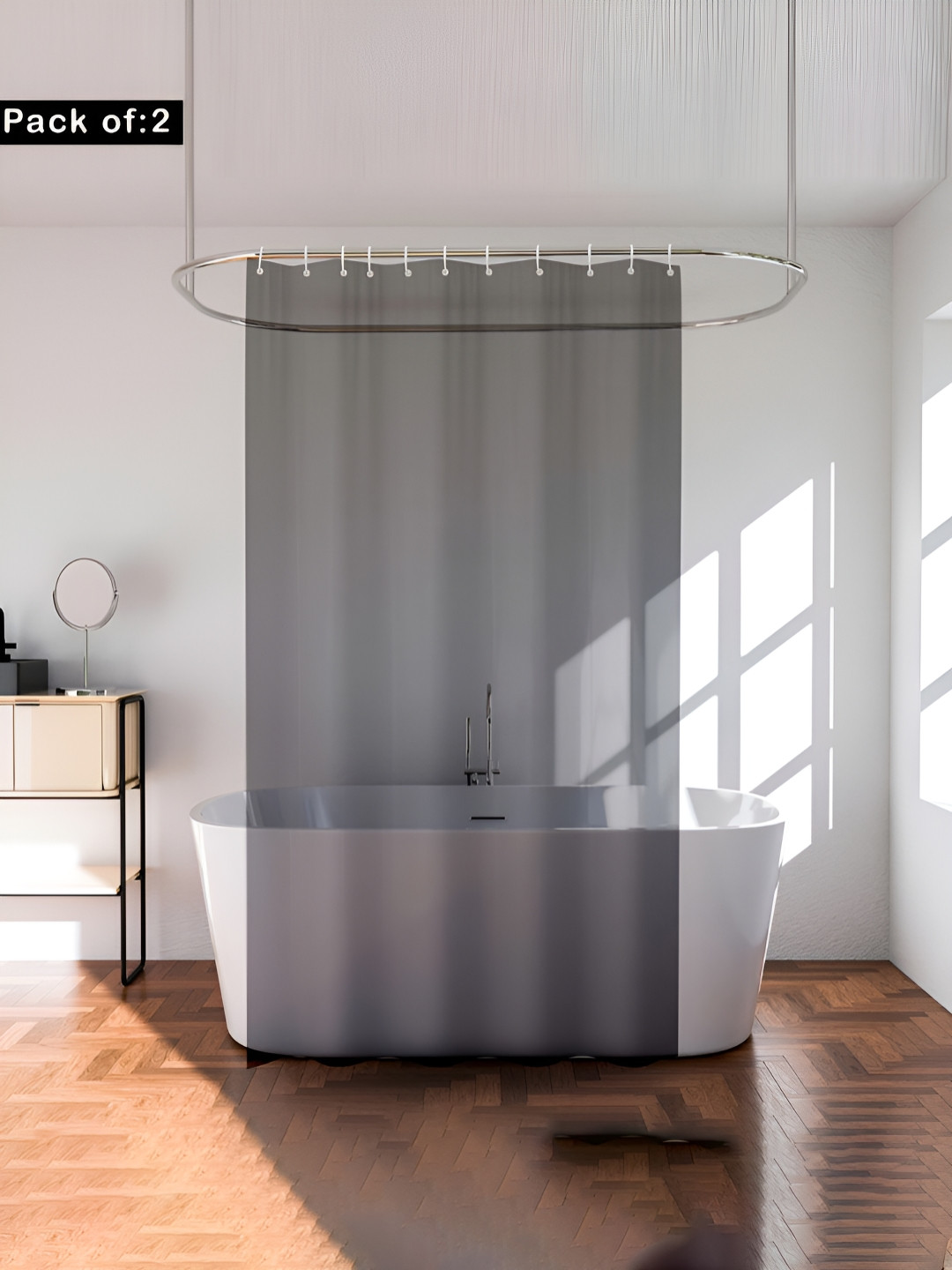 Aura Black Set of 2 Durable Waterproof Shower Curtain With 8 Rings