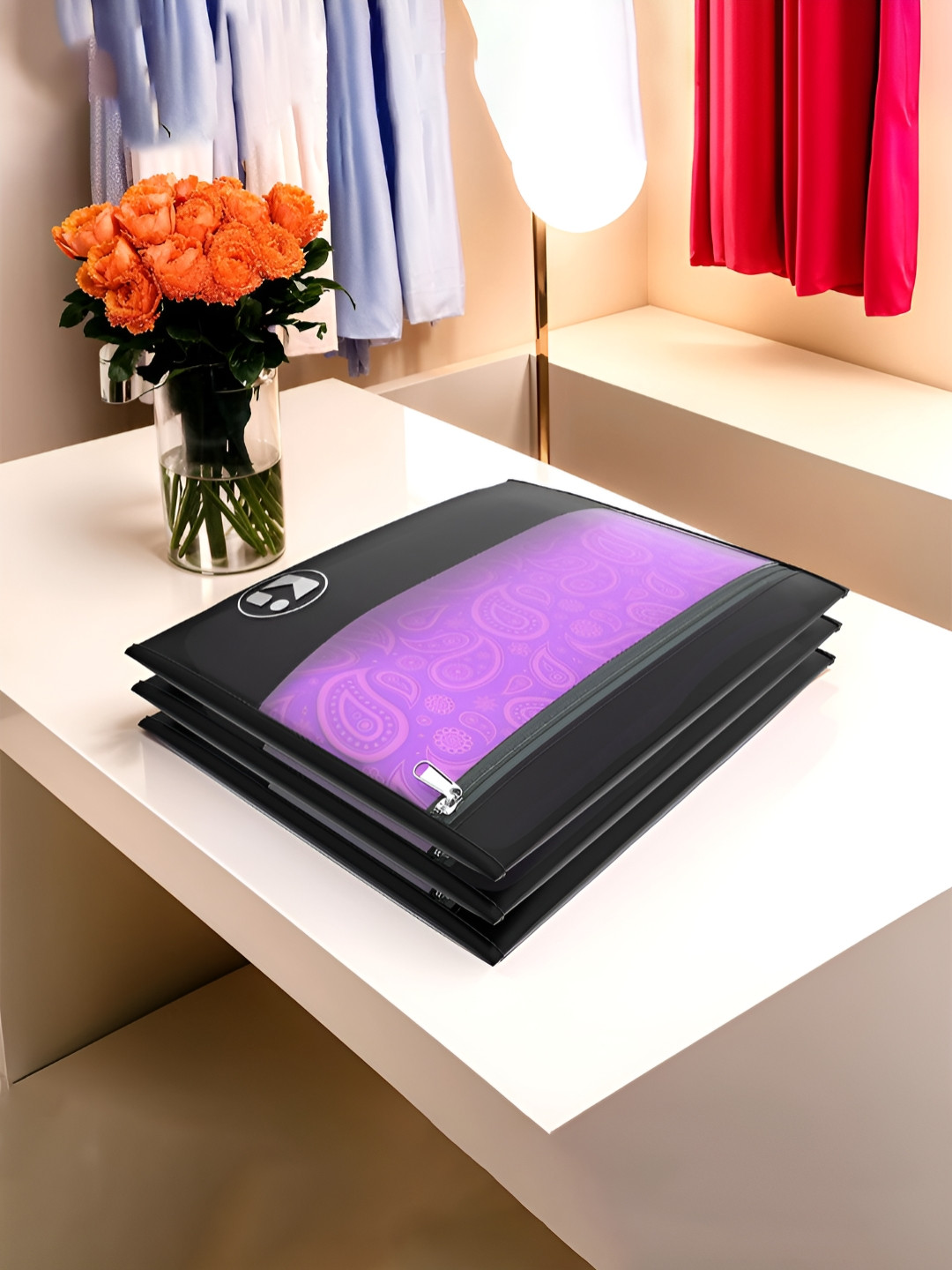 Aura Black & Purple 3 Pieces Paisley Printed Multi-Utility Waterproof Storage Organisers