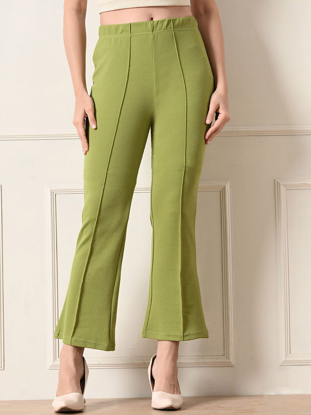 Fluorescent Green Slim Fit High-Rise Bootcut Trousers
