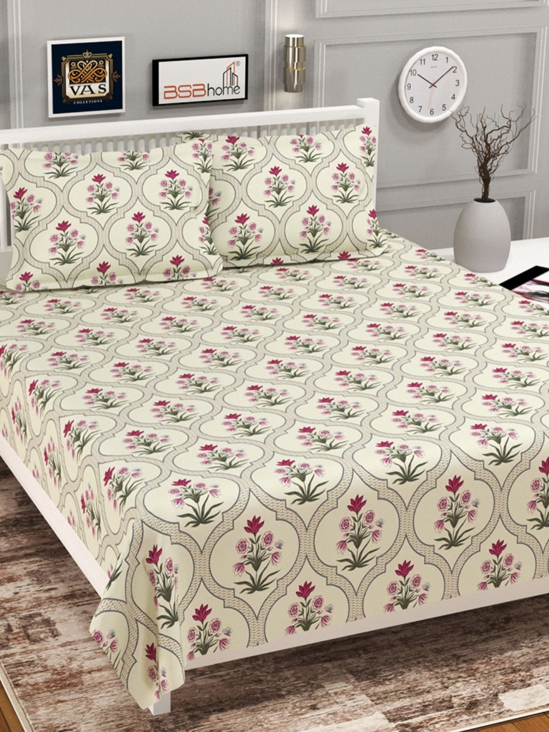 VAS COLLECTIONS Valancia Cream-Coloured Floral Microfiber 210 TC Bedsheet Set-2.54x2.28m