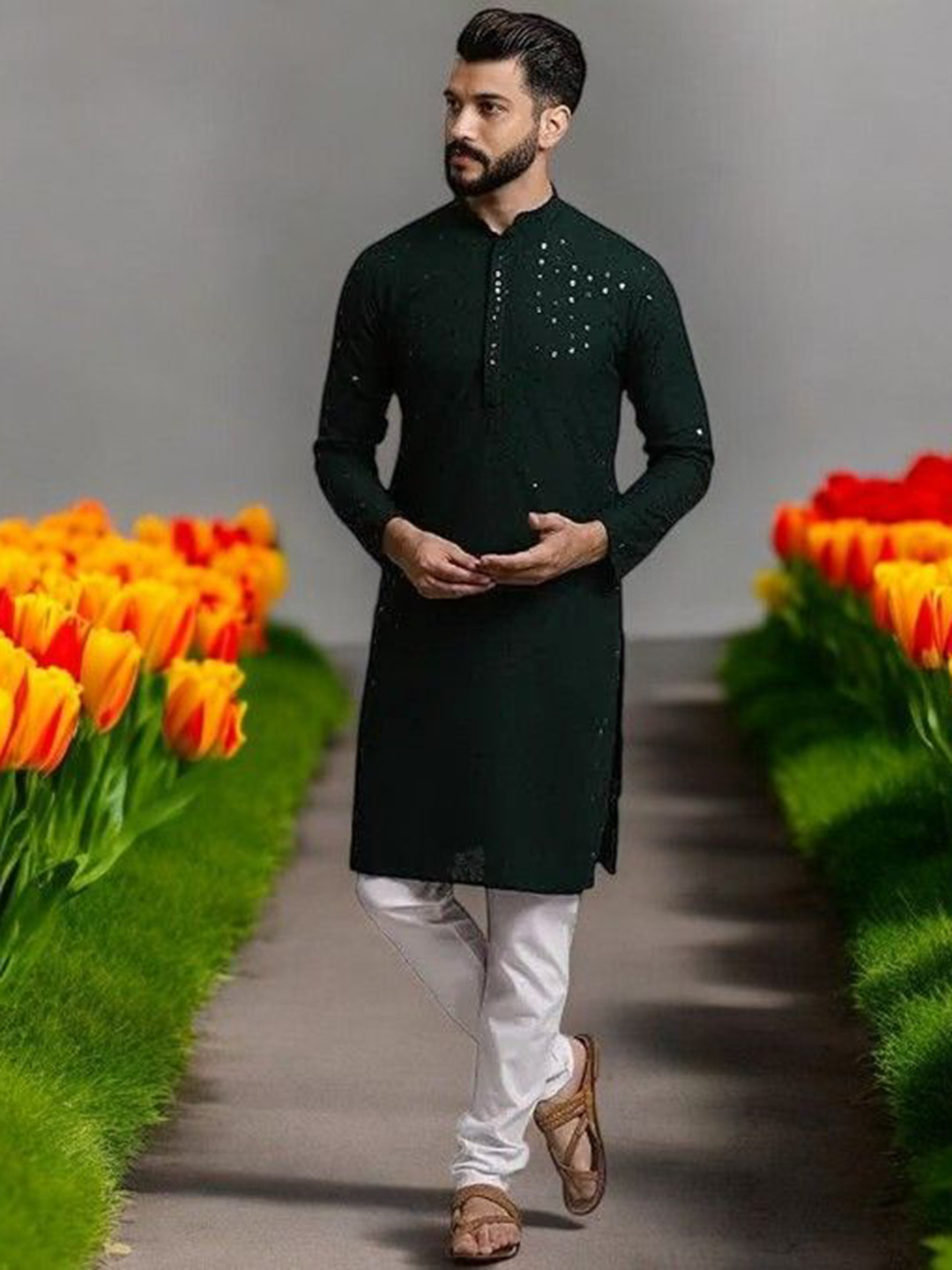 Atly Men Embroidered Regular Sequinned Kurta with Pyjamas