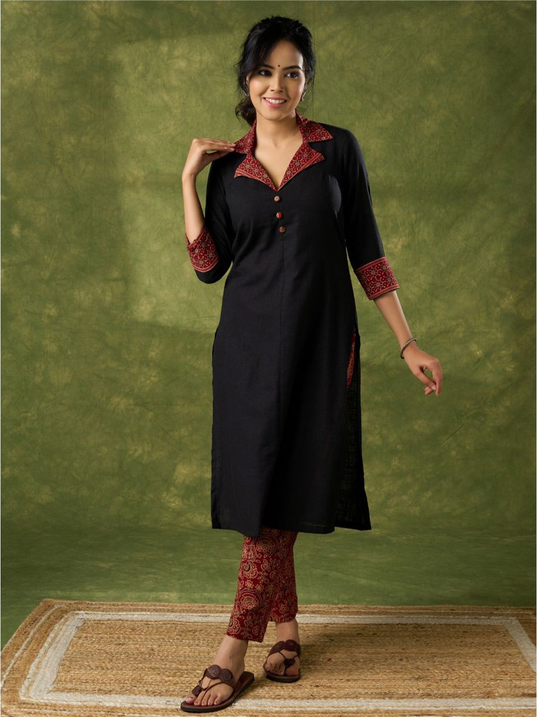 SUJATRA Shirt Collar Cotton Straight Kurta