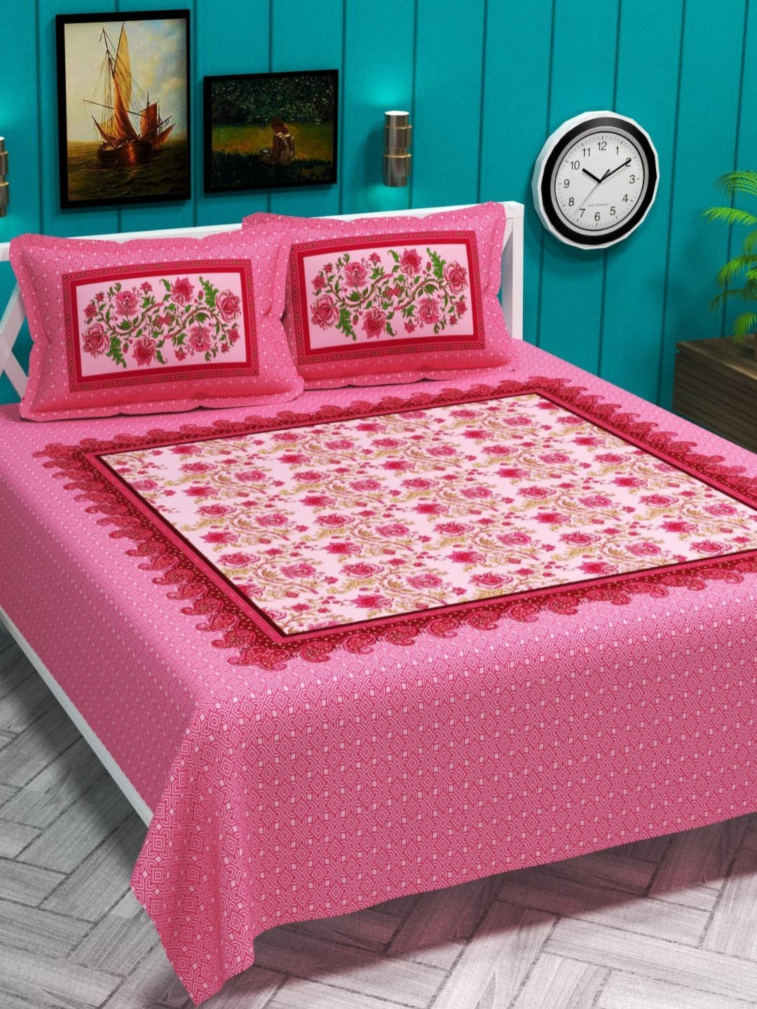 VAS COLLECTIONS Block Printed Pink Floral Cotton 220 TC Double Bedsheet Set-2.54x2.28m