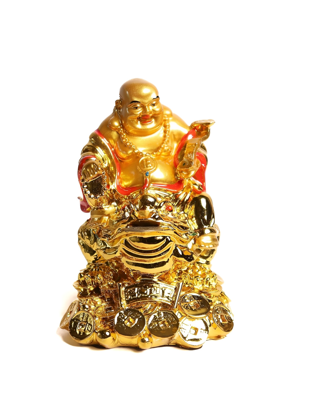 The Spiritual Living Laughing Buddha Sitting on Frog and Coins Gold Polyresin Natural Living Room Small Showpiece - 5 Inches