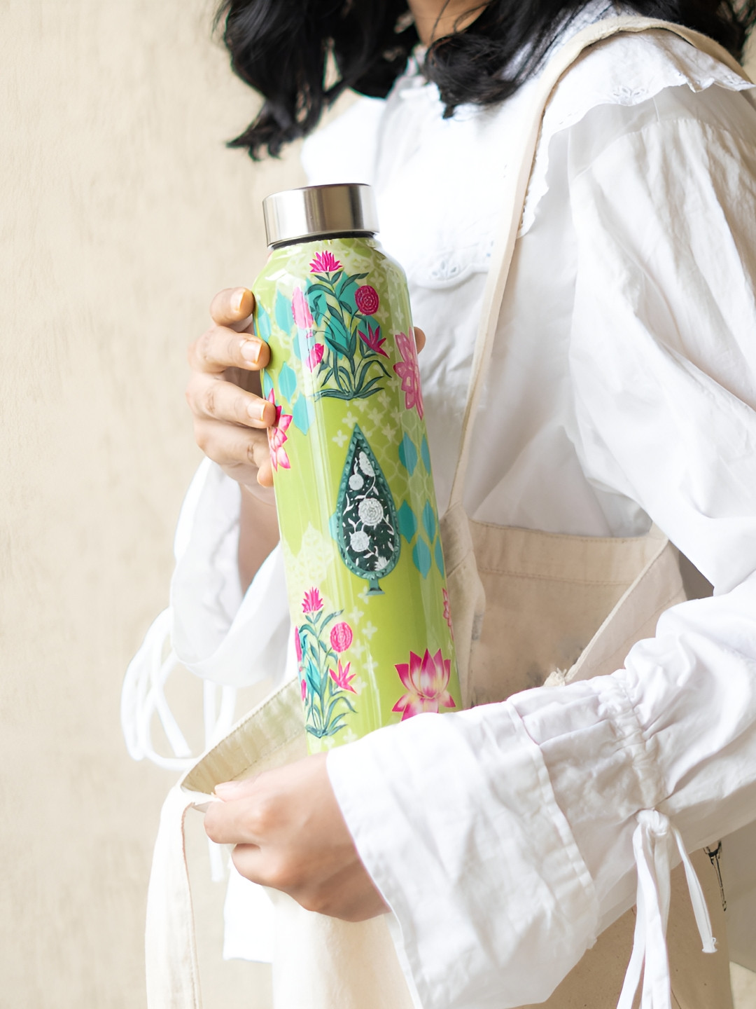 Ritualistic Lime Green Floral Stainless Steel Single Wall Vacuum Water Bottle - 1L