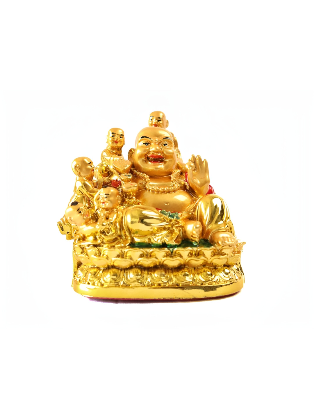 The Spiritual Living Laughing Buddha with Babies Gold Polyresin Glossy Living Room Medium Showpiece - 4 Inches