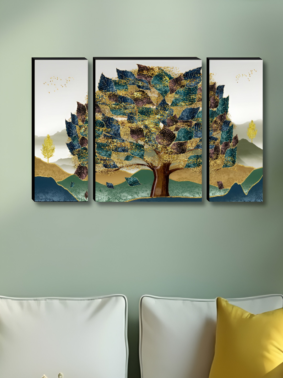 Aura Blue & Gold-Toned 3 Pieces Tree Wall Paintings